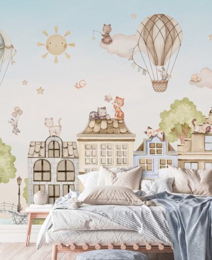 custom children's mural called City Cats from the Oliver Robins collection for bedrooms