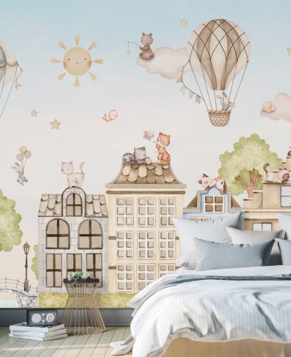 custom children's mural called City Cats from the Oliver Robins collection for bedrooms