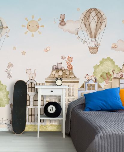 custom children's mural called City Cats from the Oliver Robins collection for bedrooms