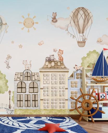 mural infantil personalizado llamado City Cats de la colección Oliver Robins para dormitorios