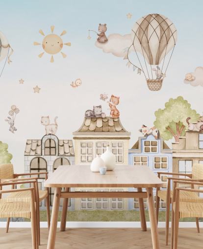 mural infantil personalizado llamado City Cats de la colección Oliver Robins para dormitorios