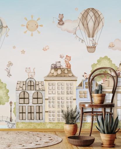 aangepaste kindermuurschildering genaamd City Cats uit de Oliver Robins-collectie voor slaapkamers