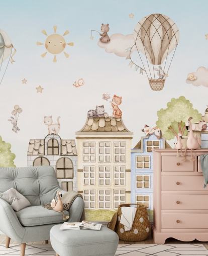 mural infantil personalizado llamado City Cats de la colección Oliver Robins para dormitorios