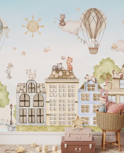 mural infantil personalizado chamado City Cats da coleção Oliver Robins para quartos