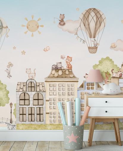 custom children's mural called City Cats from the Oliver Robins collection for bedrooms