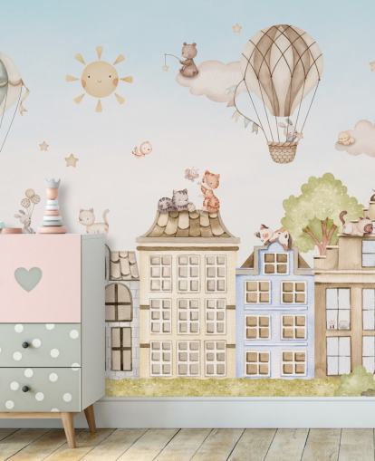 aangepaste kindermuurschildering genaamd City Cats uit de Oliver Robins-collectie voor slaapkamers