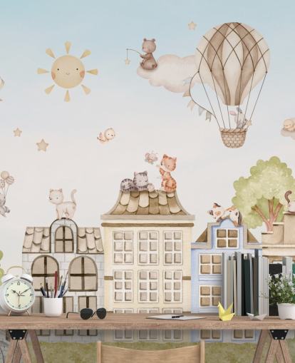 custom children's mural called City Cats from the Oliver Robins collection for bedrooms