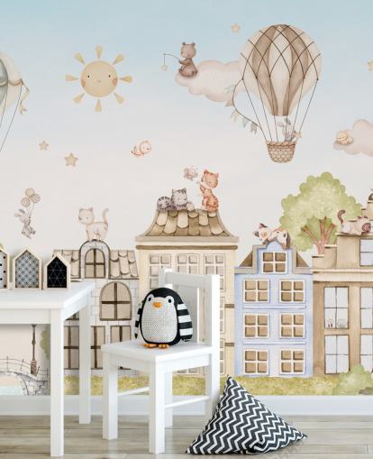 murale personalizzato per bambini chiamato City Cats della collezione Oliver Robins per camere da letto murale personalizzato per bambini chiamato City Cats della collezione Oliver Robins per camere da letto