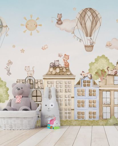 peinture murale personnalisée pour enfants appelée City Cats de la collection Oliver Robins pour chambres