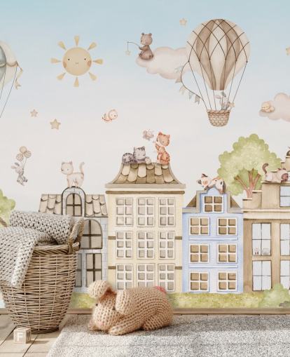 mural infantil personalizado llamado City Cats de la colección Oliver Robins para dormitorios