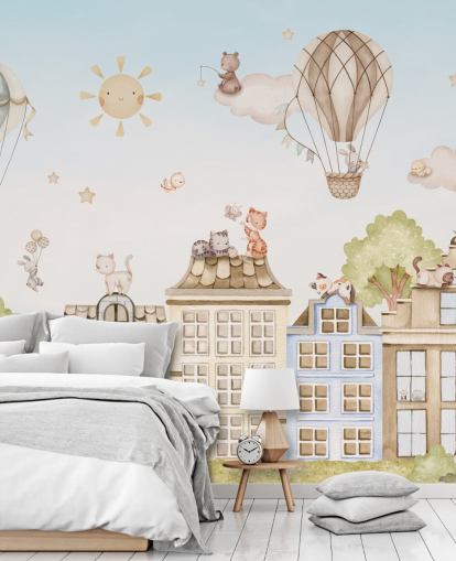 mural infantil personalizado llamado City Cats de la colección Oliver Robins para dormitorios