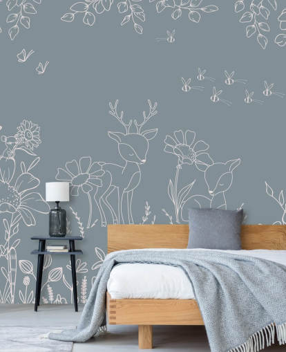 blue customisable nursery mural called Deer Doodles Blue from the Oliver Robins collection