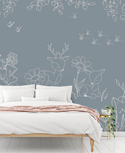 mural azul personalizable para habitación infantil llamado Deer Doodles Blue de la colección Oliver Robins
