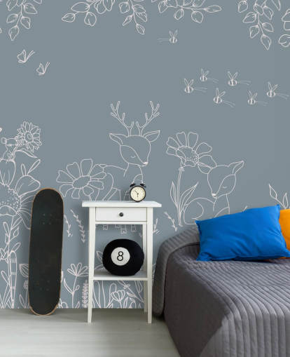 murale blu personalizzabile per la cameretta chiamato Deer Doodles Blue della collezione Oliver Robins