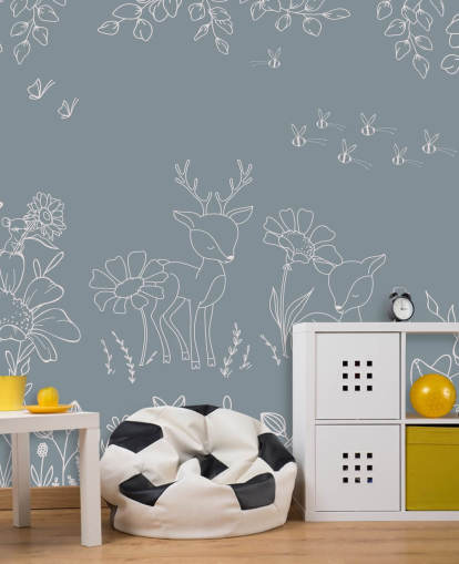 peinture murale bleue personnalisable pour chambre d'enfant appelée Deer Doodles Blue de la collection Oliver Robins peinture murale bleue personnalisable pour chambre d'enfant appelée Deer Doodles Blue de la collection Oliver Robins