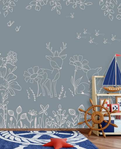 mural azul personalizable para habitación infantil llamado Deer Doodles Blue de la colección Oliver Robins