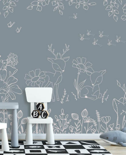 mural azul personalizable para habitación infantil llamado Deer Doodles Blue de la colección Oliver Robins