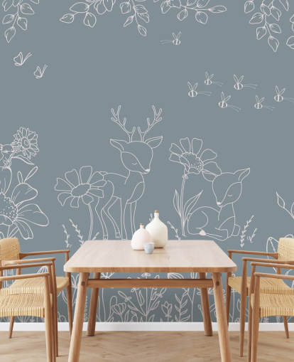 mural azul personalizable para habitación infantil llamado Deer Doodles Blue de la colección Oliver Robins