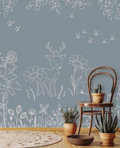 blue customisable nursery mural called Deer Doodles Blue from the Oliver Robins collection