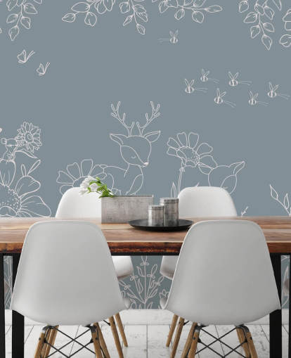 mural azul personalizable para habitación infantil llamado Deer Doodles Blue de la colección Oliver Robins