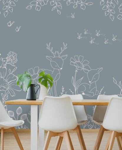 blue customisable nursery mural called Deer Doodles Blue from the Oliver Robins collection
