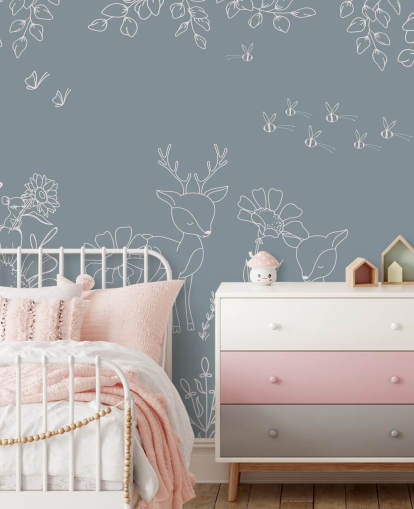 mural azul personalizable para habitación infantil llamado Deer Doodles Blue de la colección Oliver Robins