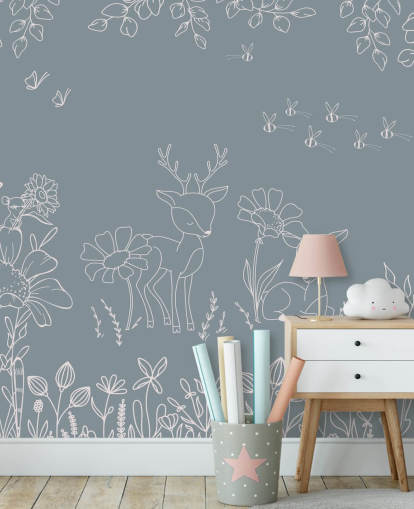 murale blu personalizzabile per la cameretta chiamato Deer Doodles Blue della collezione Oliver Robins
