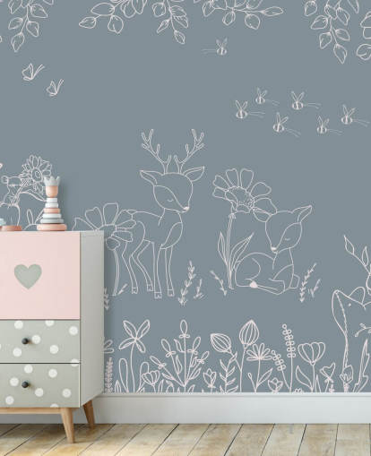 blue customisable nursery mural called Deer Doodles Blue from the Oliver Robins collection
