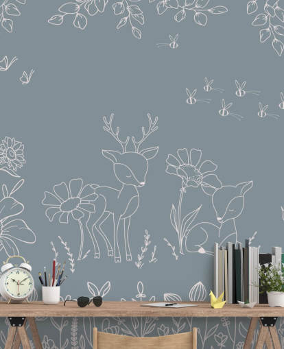 mural azul personalizable para habitación infantil llamado Deer Doodles Blue de la colección Oliver Robins