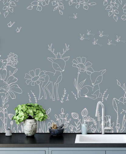 blue customizable nursery mural called Deer Doodles Blue from the Oliver Robins collection