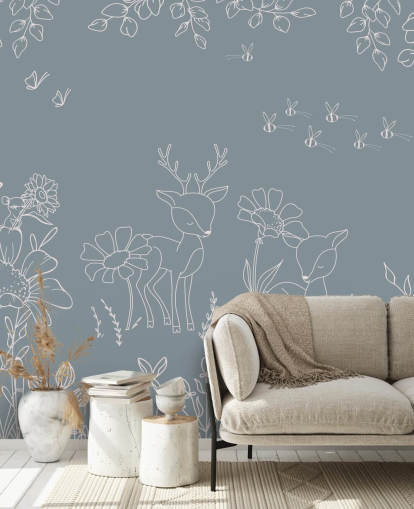 blauwe aanpasbare kinderkamermuurschildering genaamd Deer Doodles Blue uit de Oliver Robins-collectie blauwe aanpasbare kinderkamermuurschildering genaamd Deer Doodles Blue uit de Oliver Robins-collectie