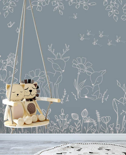 mural azul personalizable para habitación infantil llamado Deer Doodles Blue de la colección Oliver Robins mural azul personalizable para habitación infantil llamado Deer Doodles Blue de la colección Oliver Robins