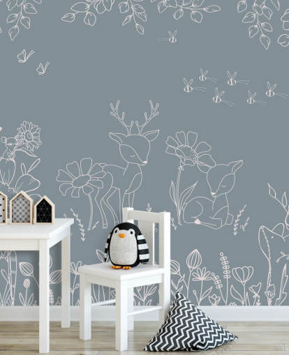 blue customisable nursery mural called Deer Doodles Blue from the Oliver Robins collection