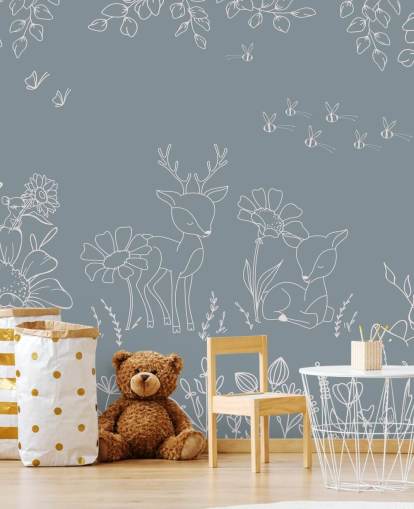 blue customisable nursery mural called Deer Doodles Blue from the Oliver Robins collection