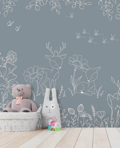 peinture murale bleue personnalisable pour chambre d'enfant appelée Deer Doodles Blue de la collection Oliver Robins