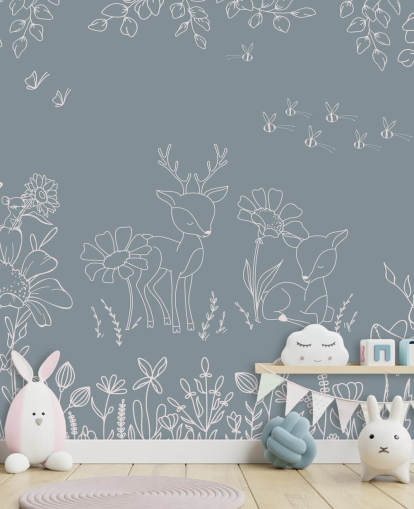 blått tilpassbart barnehage veggmaleri kalt Deer Doodles Blue fra Oliver Robins-samlingen blått tilpassbart barnehage veggmaleri kalt Deer Doodles Blue fra Oliver Robins-samlingen