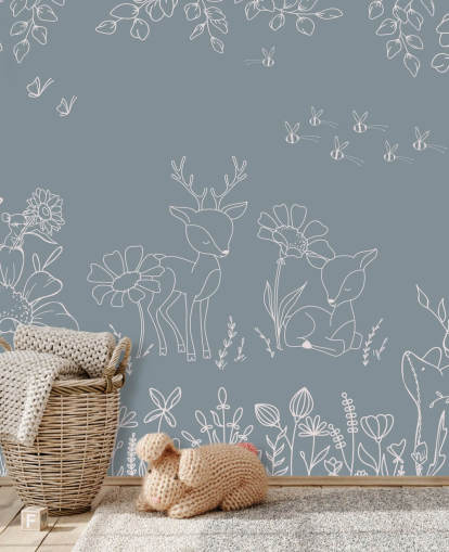 blauwe aanpasbare kinderkamermuurschildering genaamd Deer Doodles Blue uit de Oliver Robins-collectie blauwe aanpasbare kinderkamermuurschildering genaamd Deer Doodles Blue uit de Oliver Robins-collectie