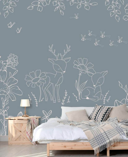 blue customizable nursery mural called Deer Doodles Blue from the Oliver Robins collection