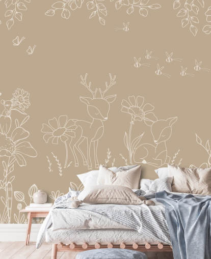 brown and white custom nursery mural called Deer Doodles Brown from the Oliver Robins collection