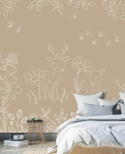 braun-weißes individuelles Kinderzimmer-Wandbild namens Deer Doodles Brown aus der Oliver Robins-Kollektion