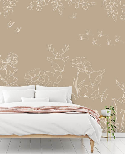 bruine en witte kinderkamermuurschildering op maat genaamd Deer Doodles Brown uit de Oliver Robins-collectie bruine en witte kinderkamermuurschildering op maat genaamd Deer Doodles Brown uit de Oliver Robins-collectie