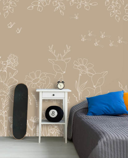 brown and white custom nursery mural called Deer Doodles Brown from the Oliver Robins collection