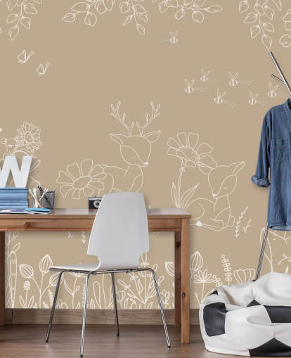 brown and white custom nursery mural called Deer Doodles Brown from the Oliver Robins collection