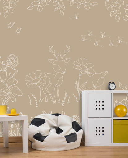 bruine en witte kinderkamermuurschildering op maat genaamd Deer Doodles Brown uit de Oliver Robins-collectie