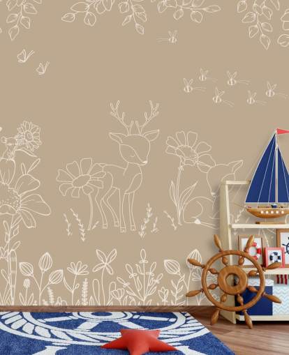 bruine en witte kinderkamermuurschildering op maat genaamd Deer Doodles Brown uit de Oliver Robins-collectie bruine en witte kinderkamermuurschildering op maat genaamd Deer Doodles Brown uit de Oliver Robins-collectie
