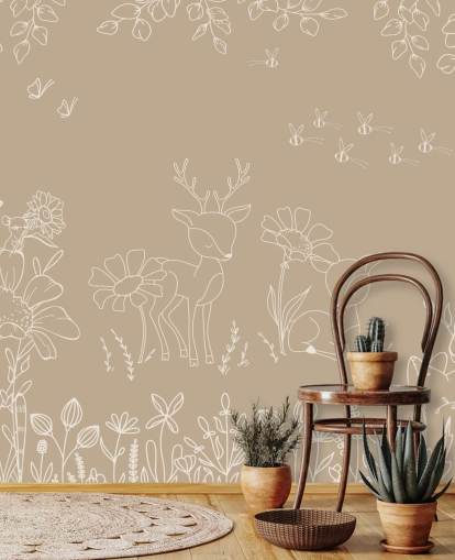 mural infantil personalizado en blanco y marrón llamado Deer Doodles Brown de la colección Oliver Robins mural infantil personalizado en blanco y marrón llamado Deer Doodles Brown de la colección Oliver Robins