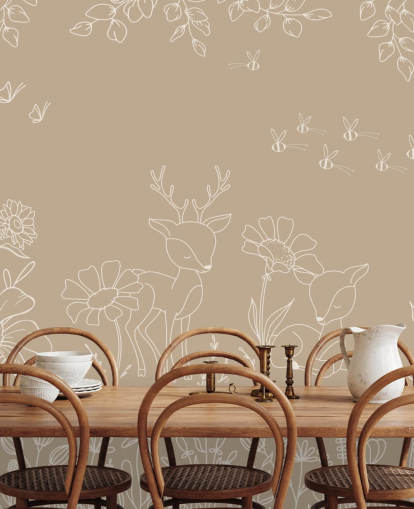 mural infantil personalizado en blanco y marrón llamado Deer Doodles Brown de la colección Oliver Robins