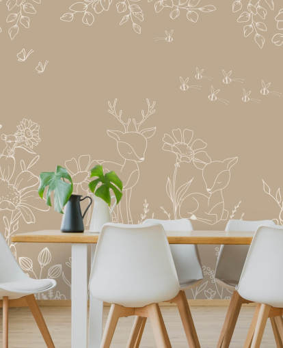 brown and white custom nursery mural called Deer Doodles Brown from the Oliver Robins collection