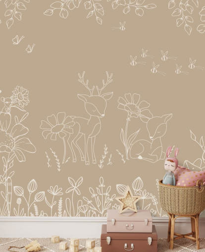 murale per vivaio personalizzato marrone e bianco chiamato Deer Doodles Brown della collezione Oliver Robins