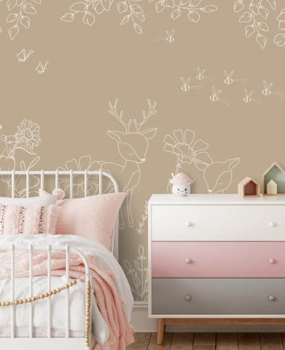 brown and white custom nursery mural called Deer Doodles Brown from the Oliver Robins collection brown and white custom nursery mural called Deer Doodles Brown from the Oliver Robins collection